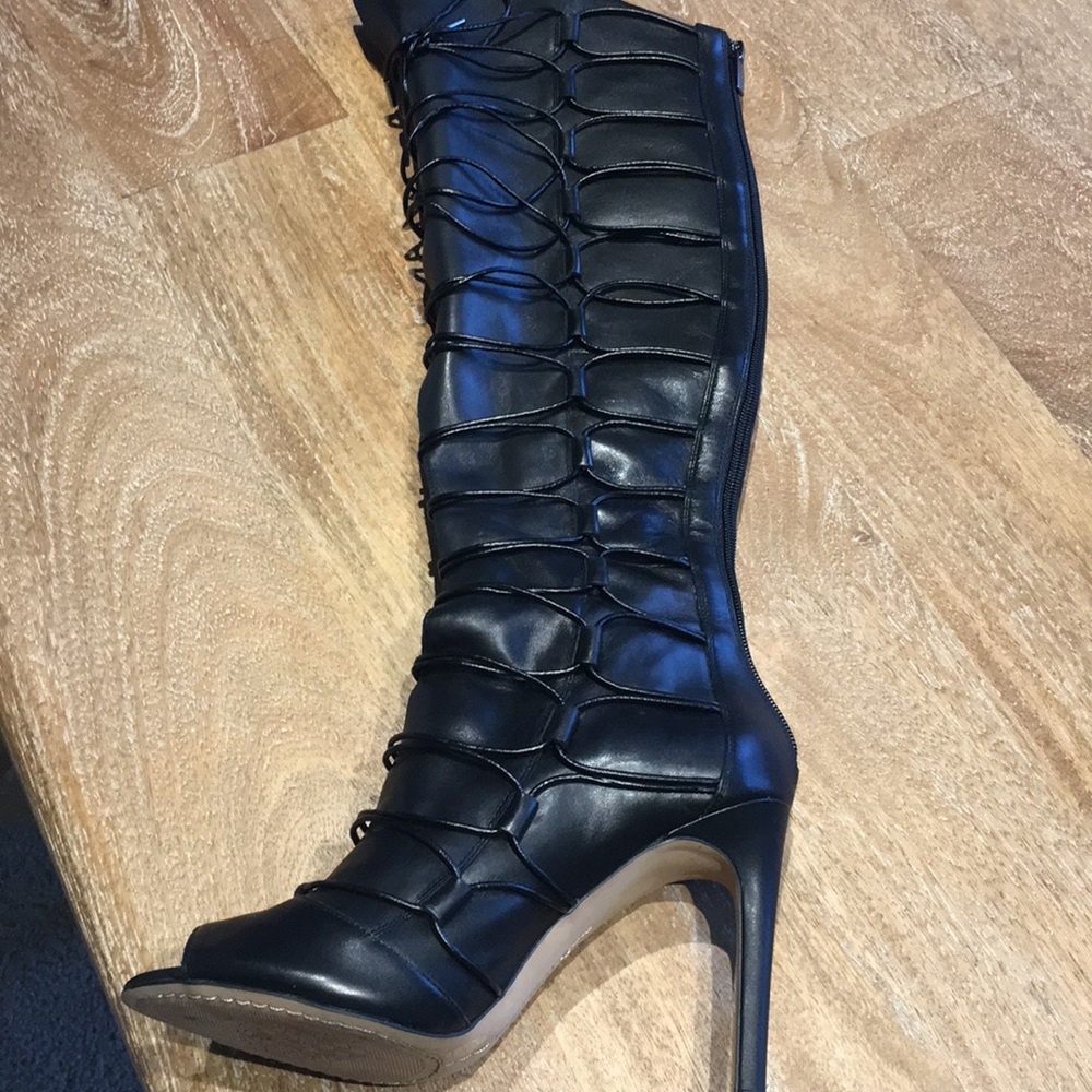 Vince Camuto black tall lace-up leather boot